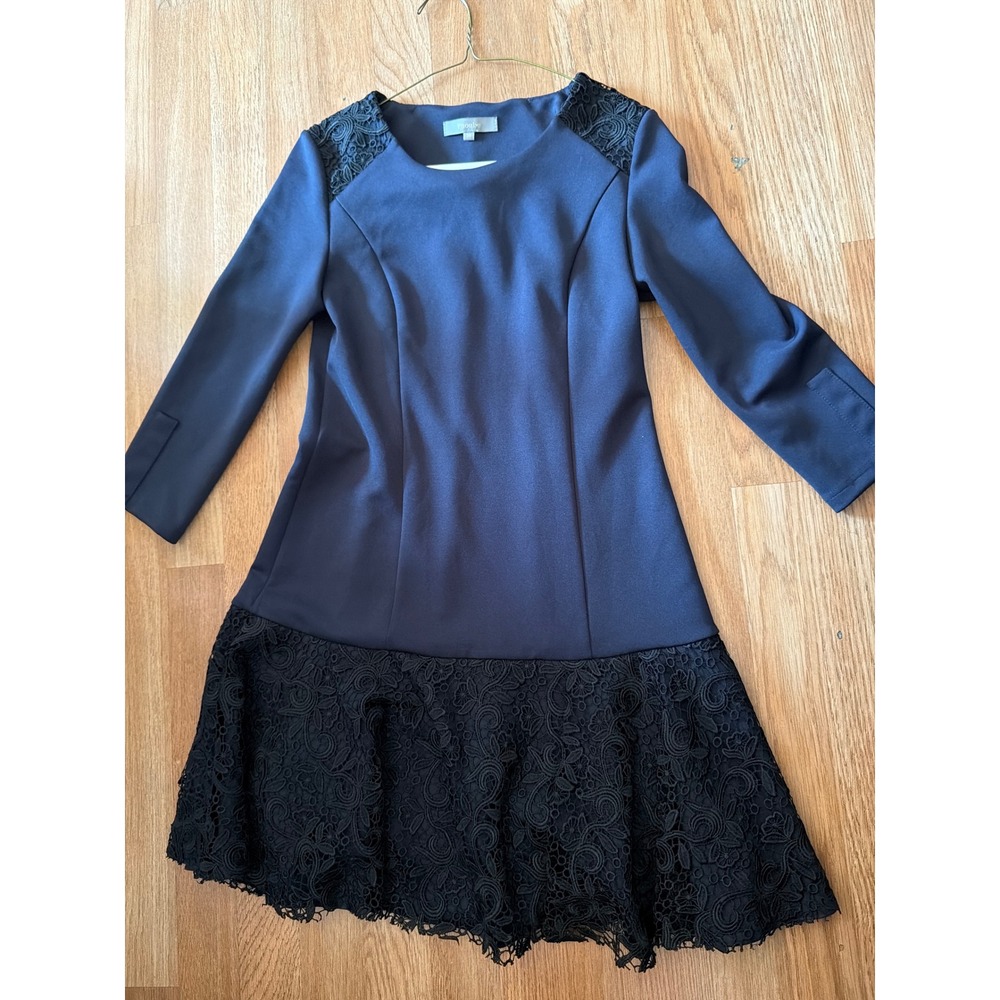 Phoebe Navy Blue Lace Trim Shift Dress 3/4 Sleeve Size 36 Drop Waist Mini